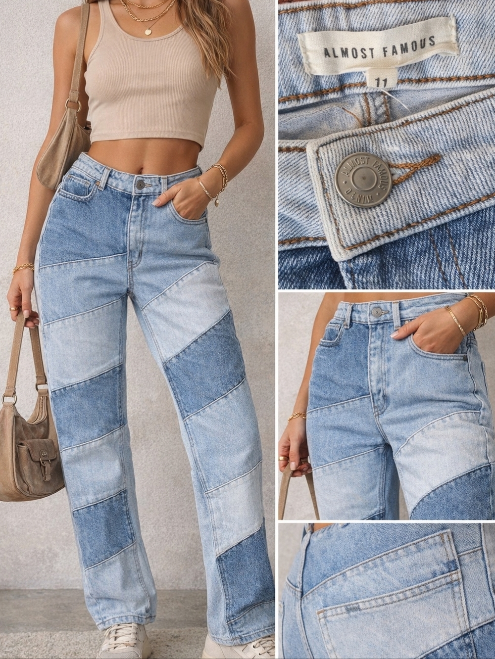 Almost Famous Two-Tone Light & Medium Blue Patchwork High-Rise Jeans Size 11